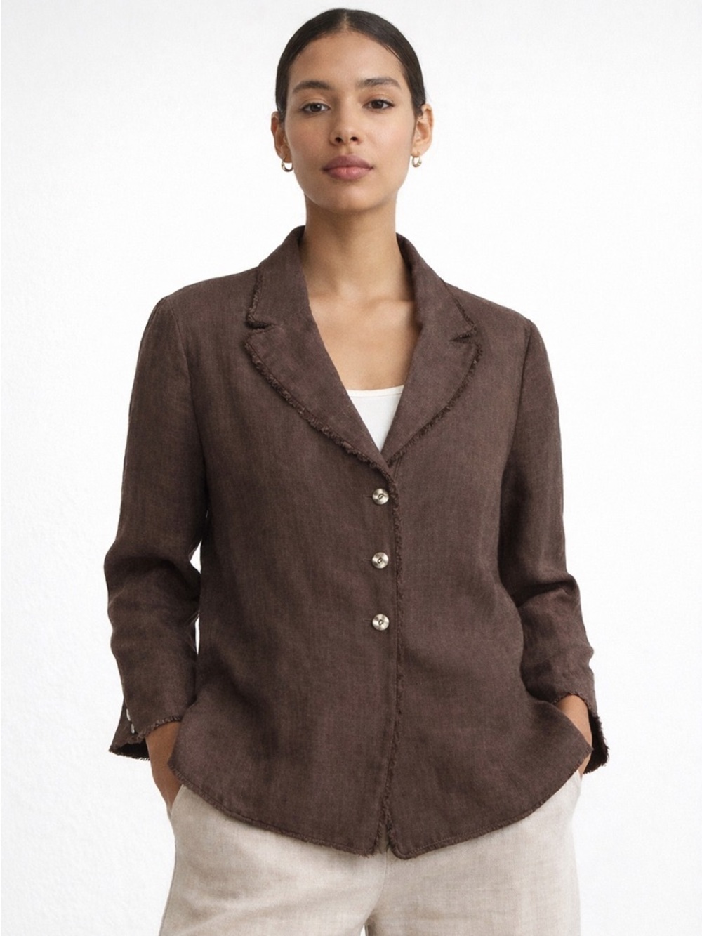 Harve Benard Brown Frayed-Edge Linen Blazer